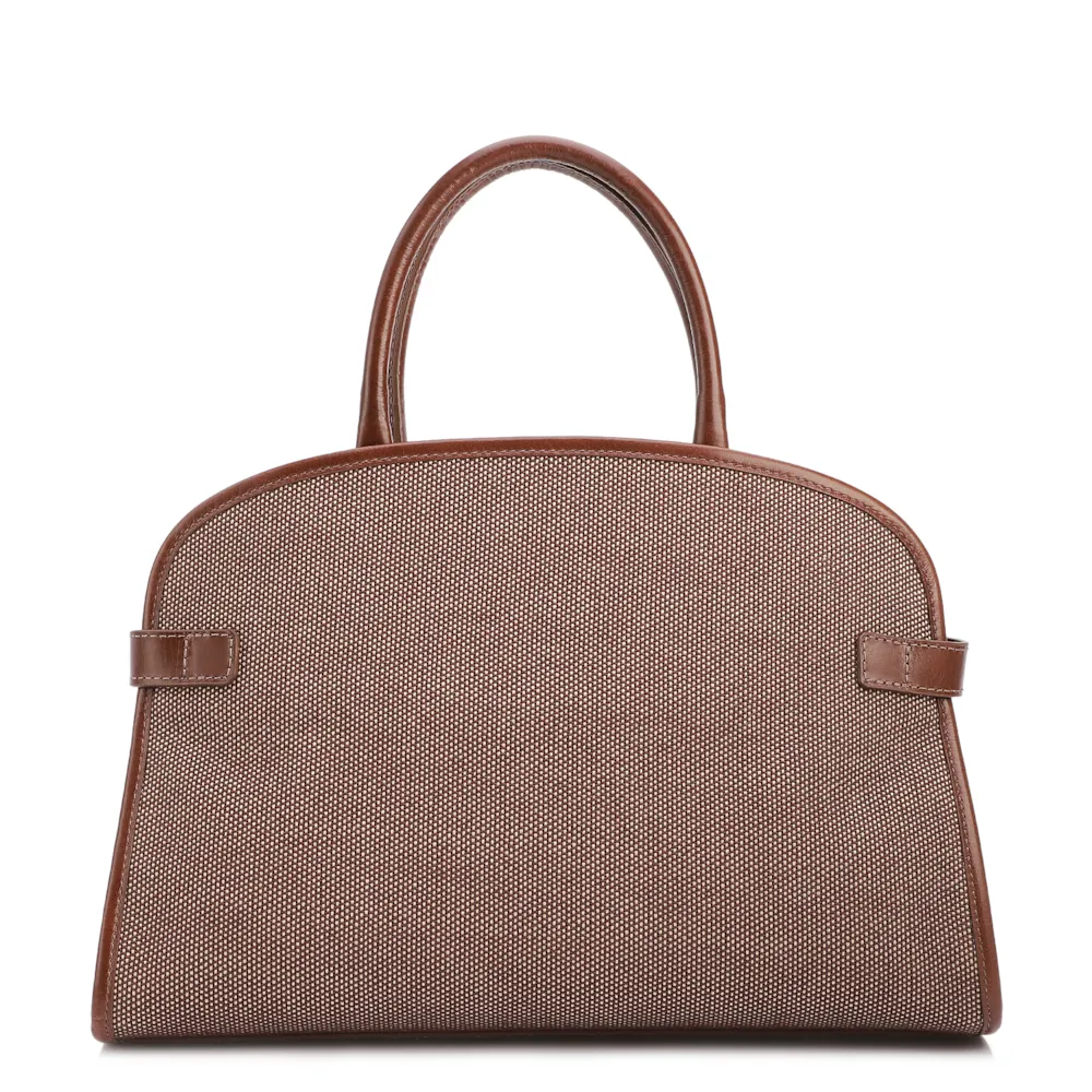 Bolsa Tote Grande Linho/Couro Marrom Fivela Dourada - imagem 3