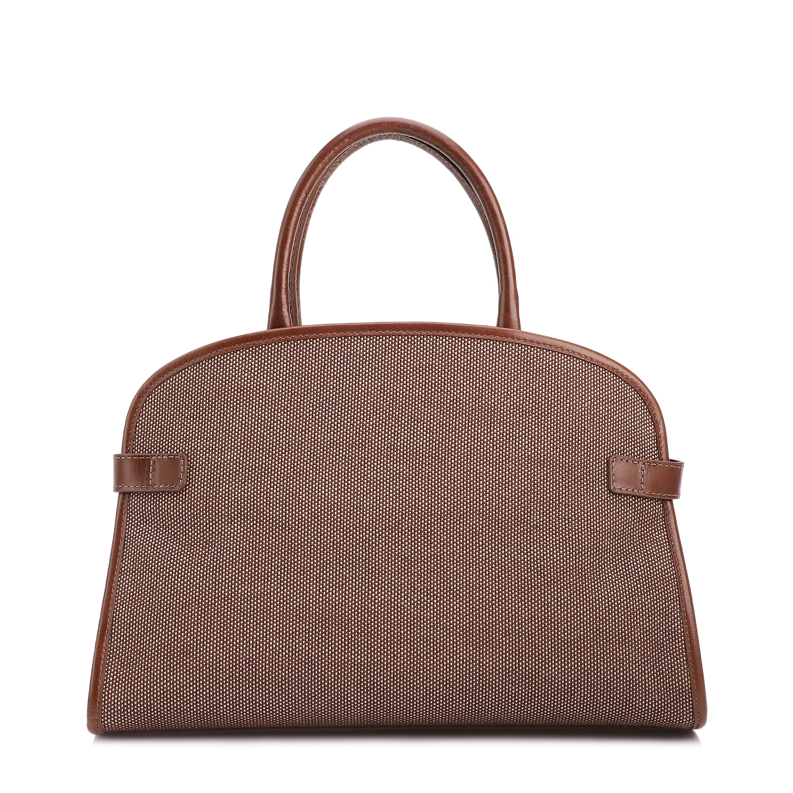 Bolsa Tote Grande Linho/Couro Marrom Fivela Dourada
