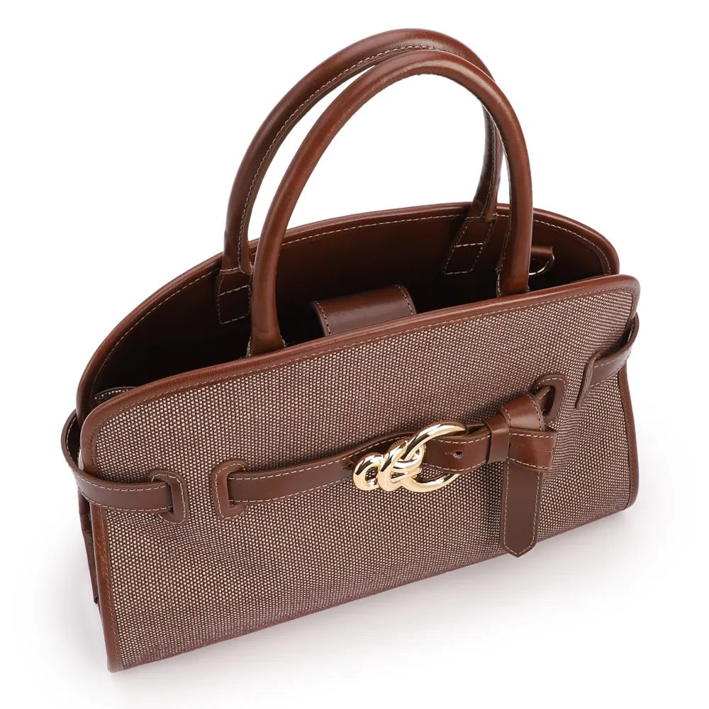 Bolsa Tote Grande Linho/Couro Marrom Fivela Dourada - imagem 4