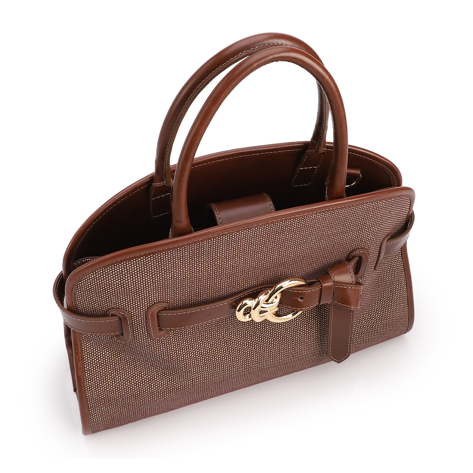 Bolsa Tote Grande Linho/Couro Marrom Fivela Dourada