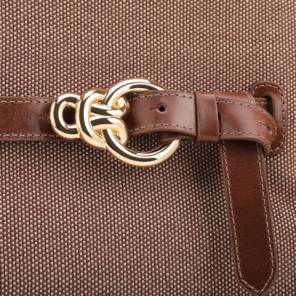 Bolsa Tote Grande Linho/Couro Marrom Fivela Dourada - imagem 5