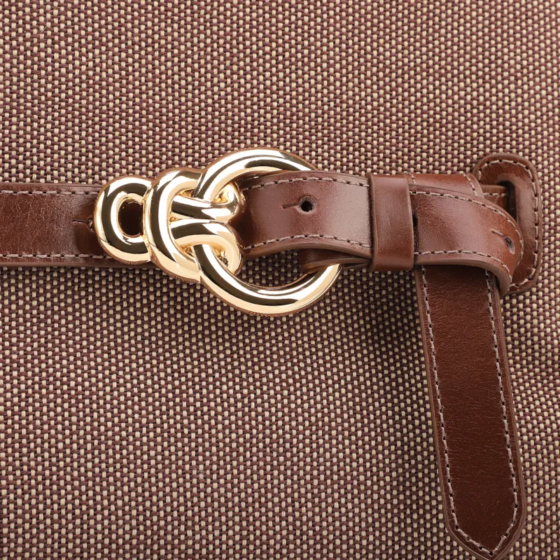 Bolsa Tote Grande Linho/Couro Marrom Fivela Dourada - foto 6