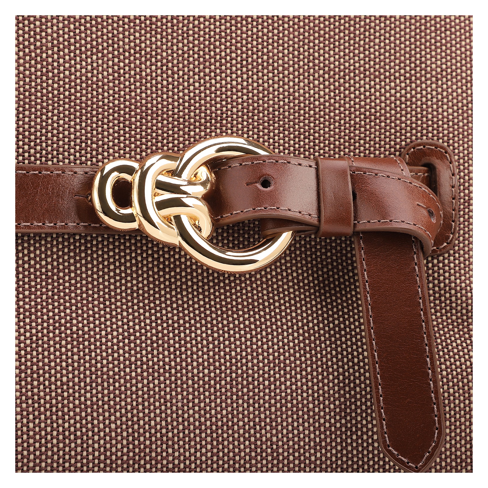 Bolsa Tote Grande Linho/Couro Marrom Fivela Dourada