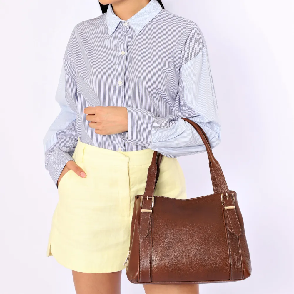 Bolsa Tote Grande Marrom Couro Antique Alça Fivela - imagem 2