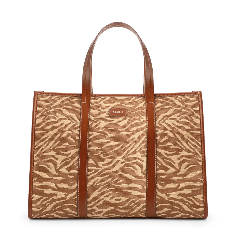  Bolsa Tote Grande Tecido/Couro Marrom Claro Animal Print