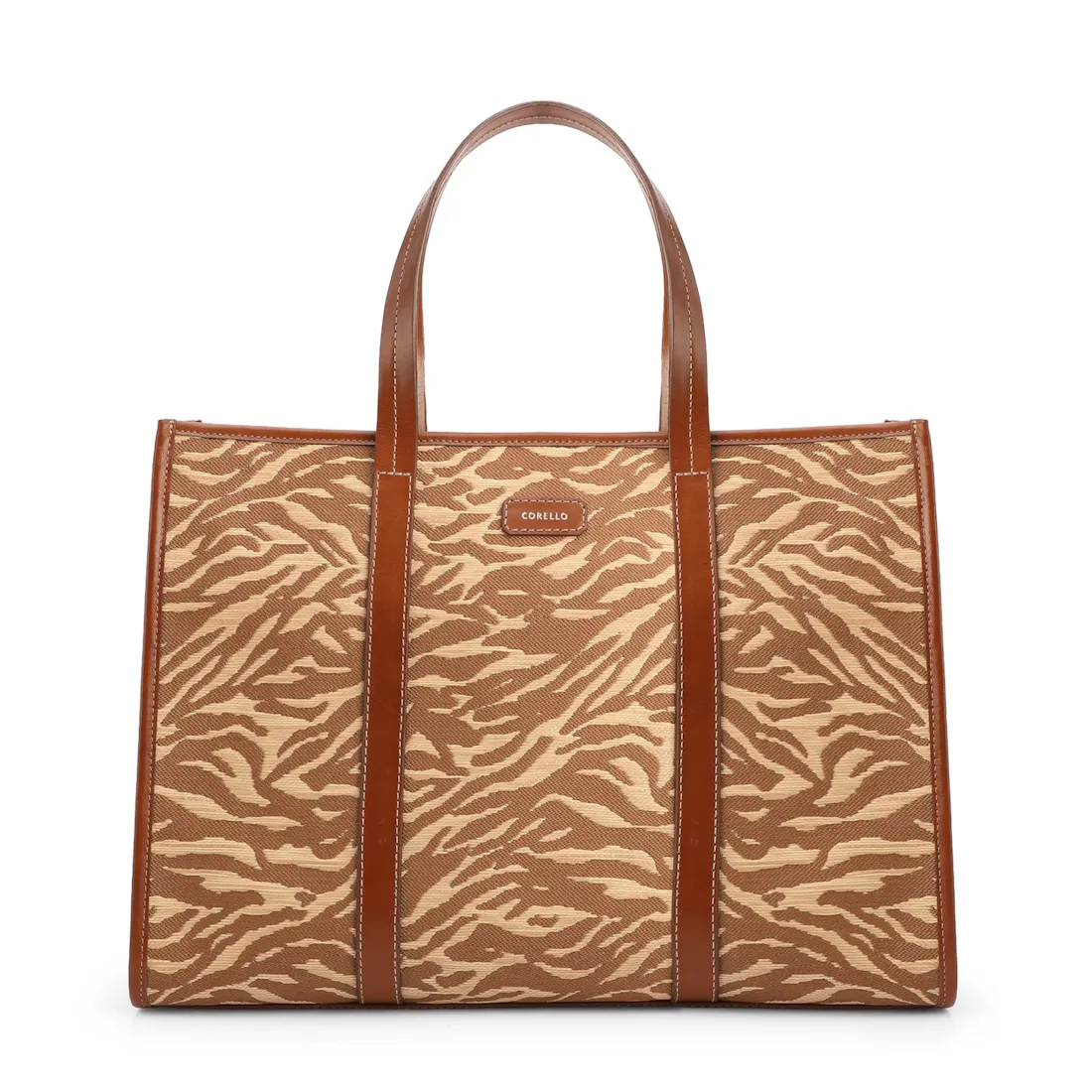  Bolsa Tote Grande Tecido/Couro Marrom Claro Animal Print