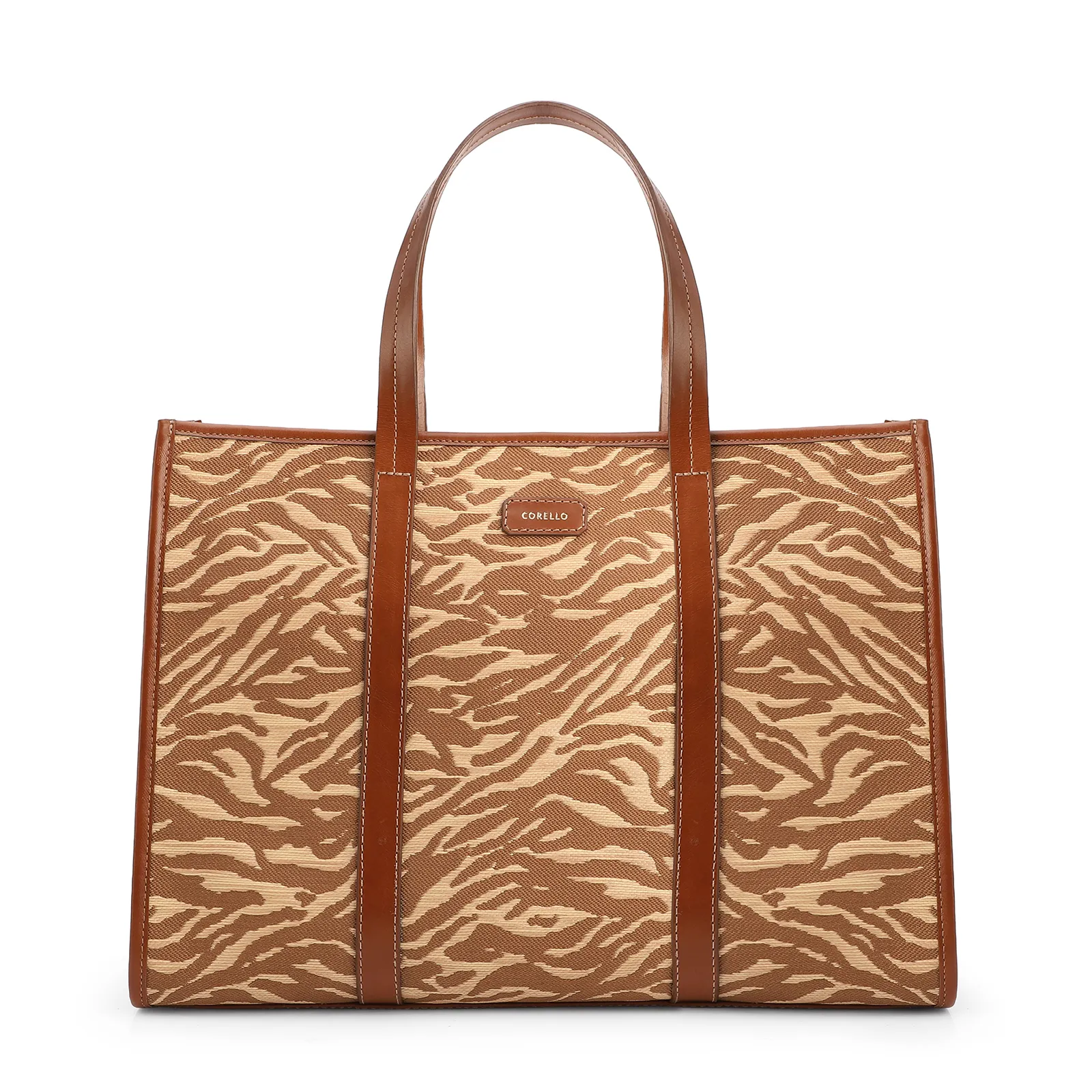  Bolsa Tote Grande Tecido/Couro Marrom Claro Animal Print
