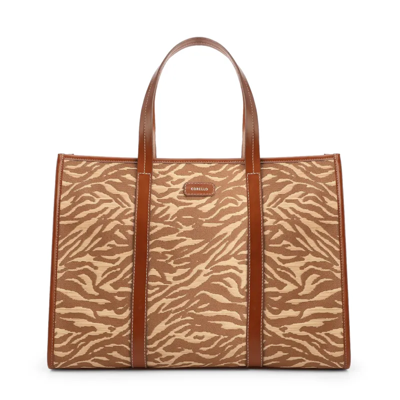  Bolsa Tote Grande Tecido/Couro Marrom Claro Animal Print