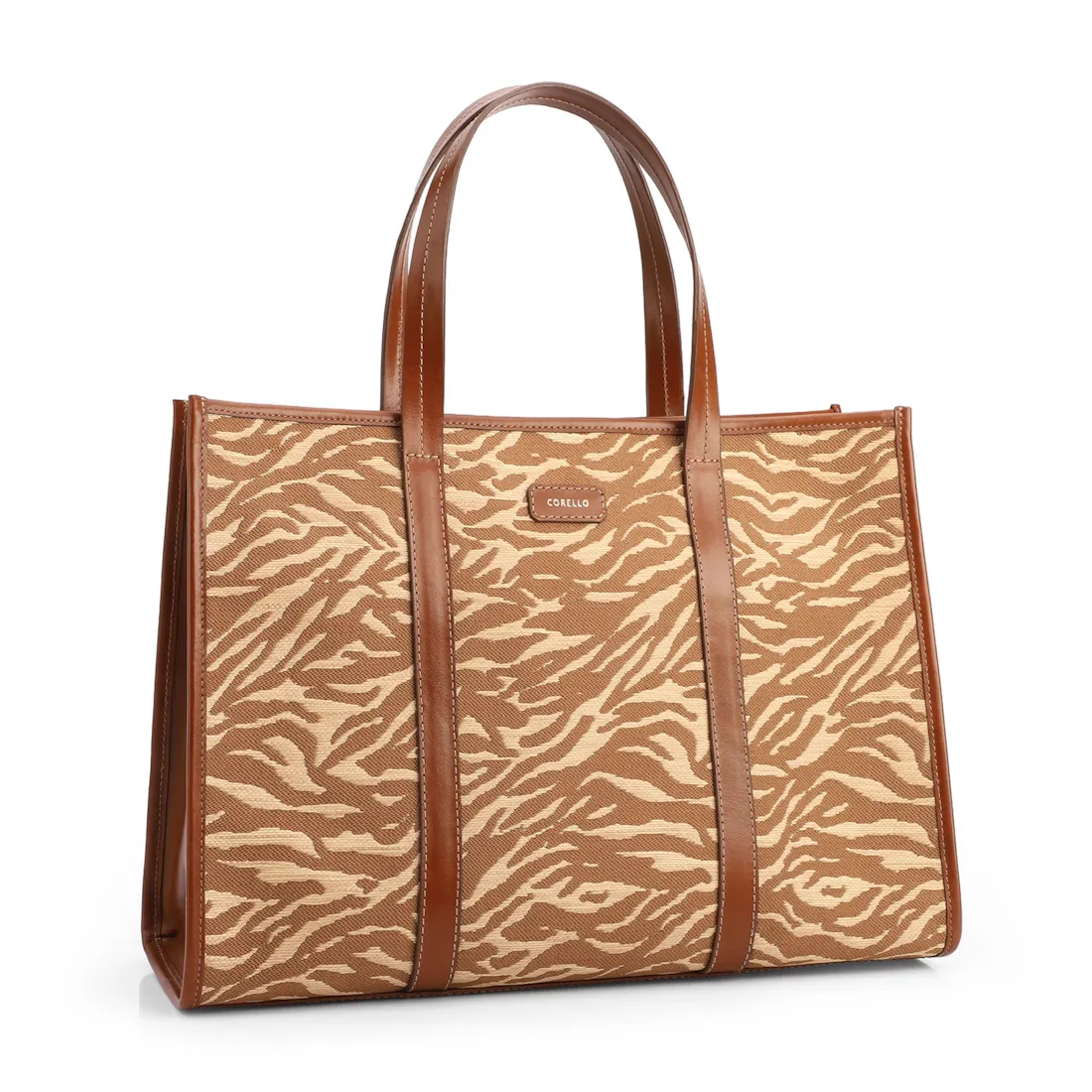  Bolsa Tote Grande Tecido/Couro Marrom Claro Animal Print - foto 2