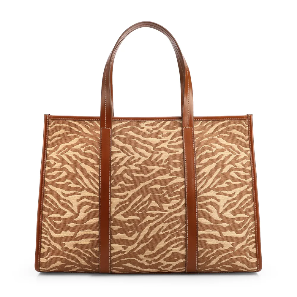  Bolsa Tote Grande Tecido/Couro Marrom Claro Animal Print - imagem 3