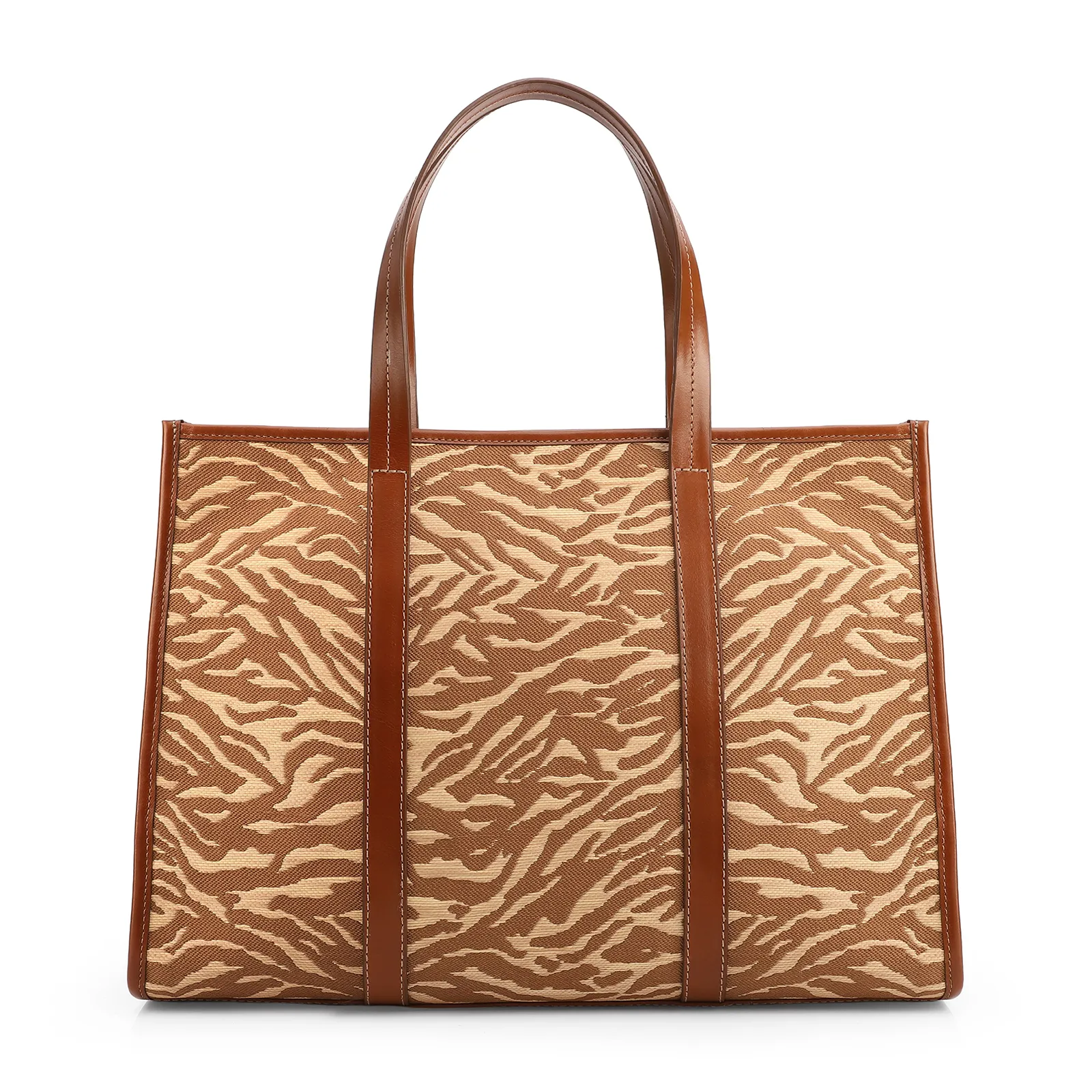  Bolsa Tote Grande Tecido/Couro Marrom Claro Animal Print