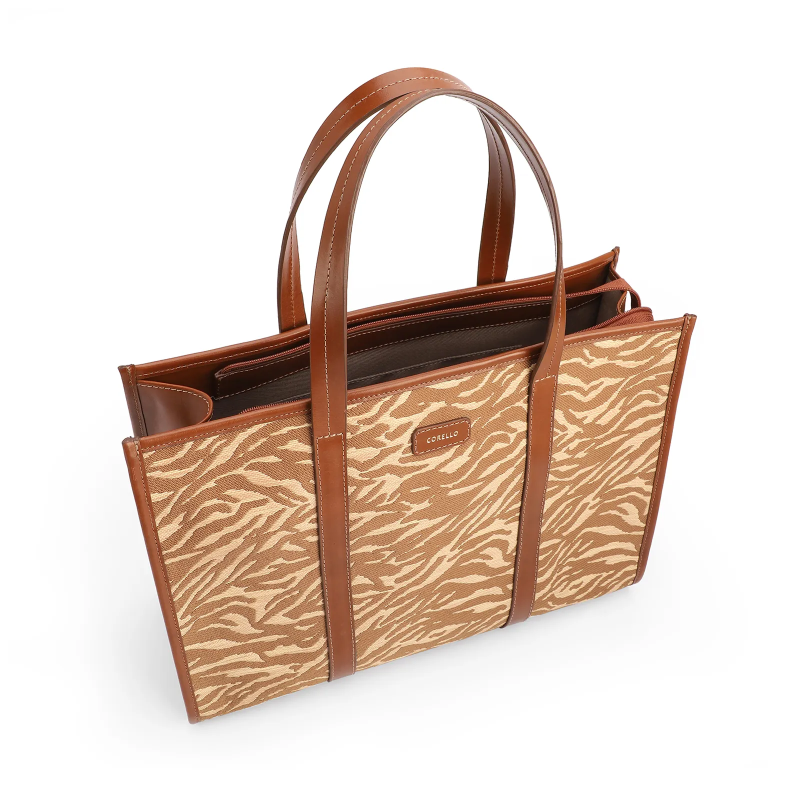 Bolsa Tote Grande Tecido/Couro Marrom Claro Animal Print