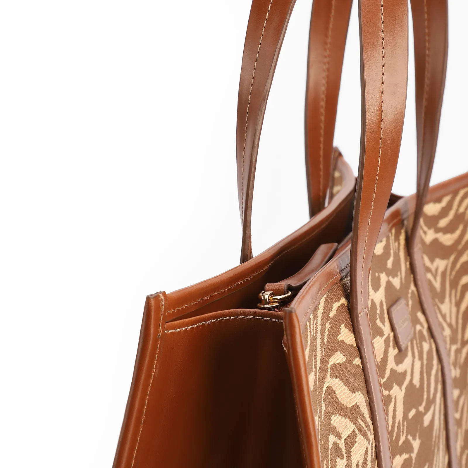  Bolsa Tote Grande Tecido/Couro Marrom Claro Animal Print
