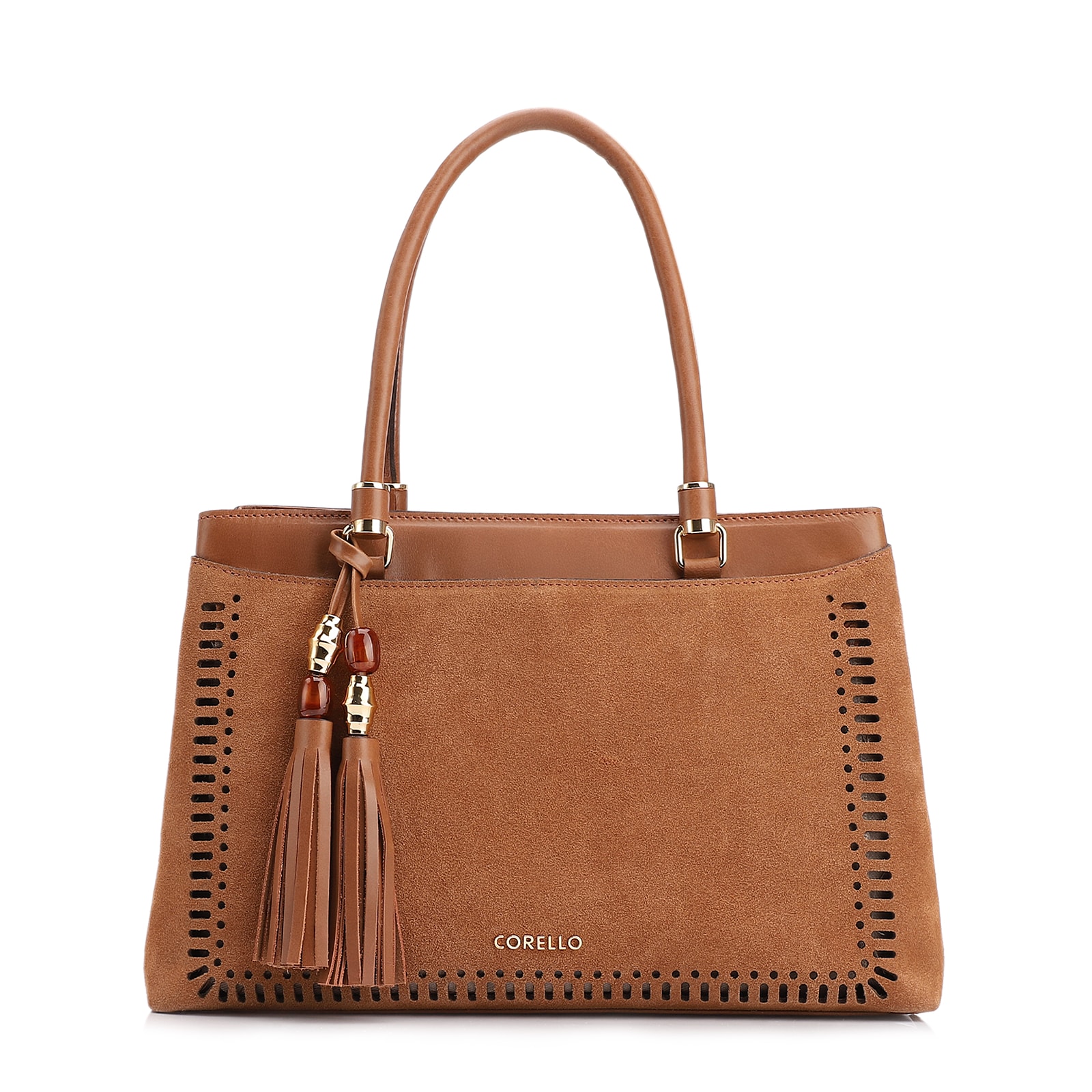Bolsa Tote Laser Cut Couro Camurça/Couro Marrom Claro