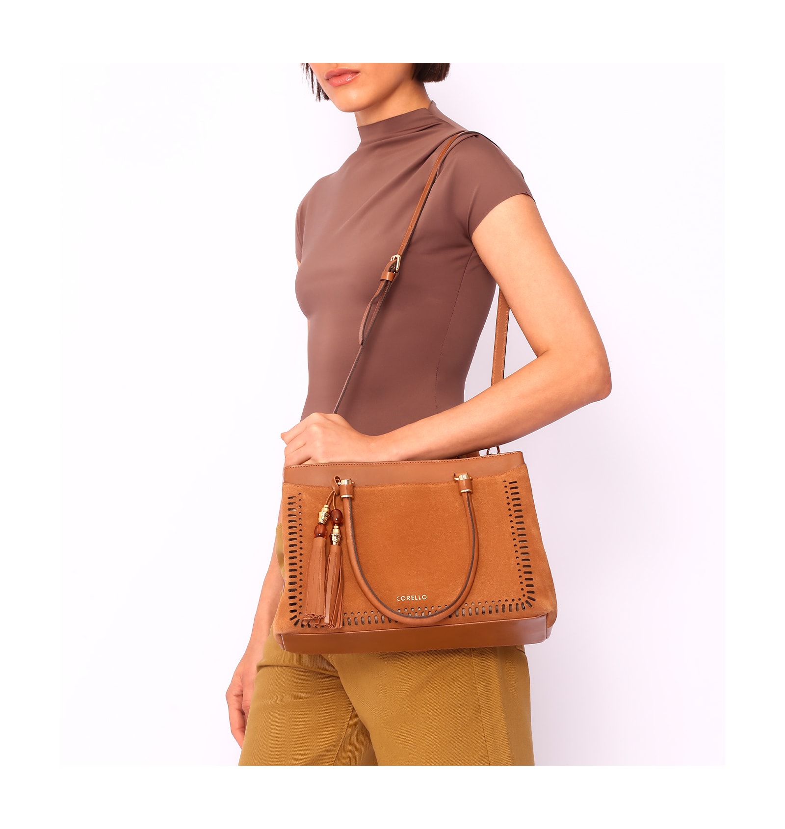 Bolsa Tote Laser Cut Couro Camurça/Couro Marrom Claro