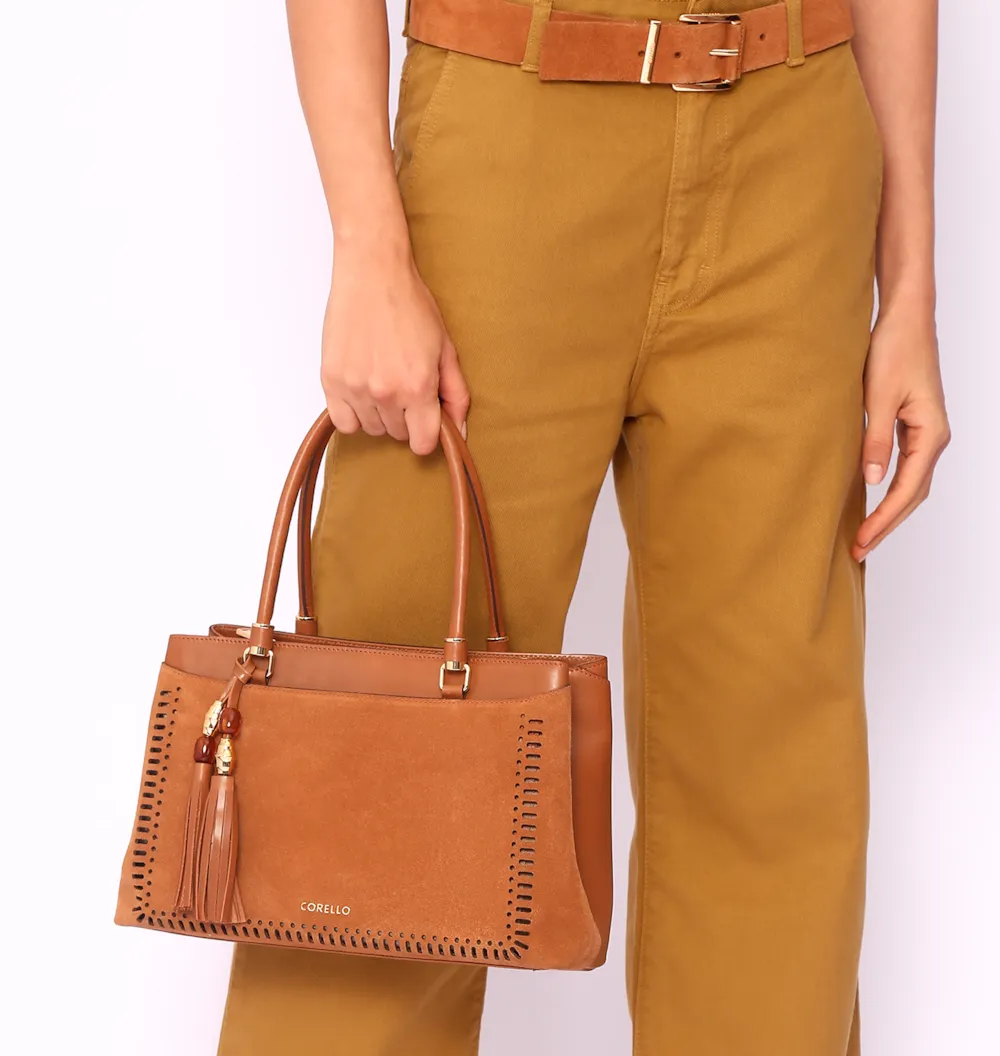 Bolsa Tote Laser Cut Couro Camurça/Couro Marrom Claro - imagem 2