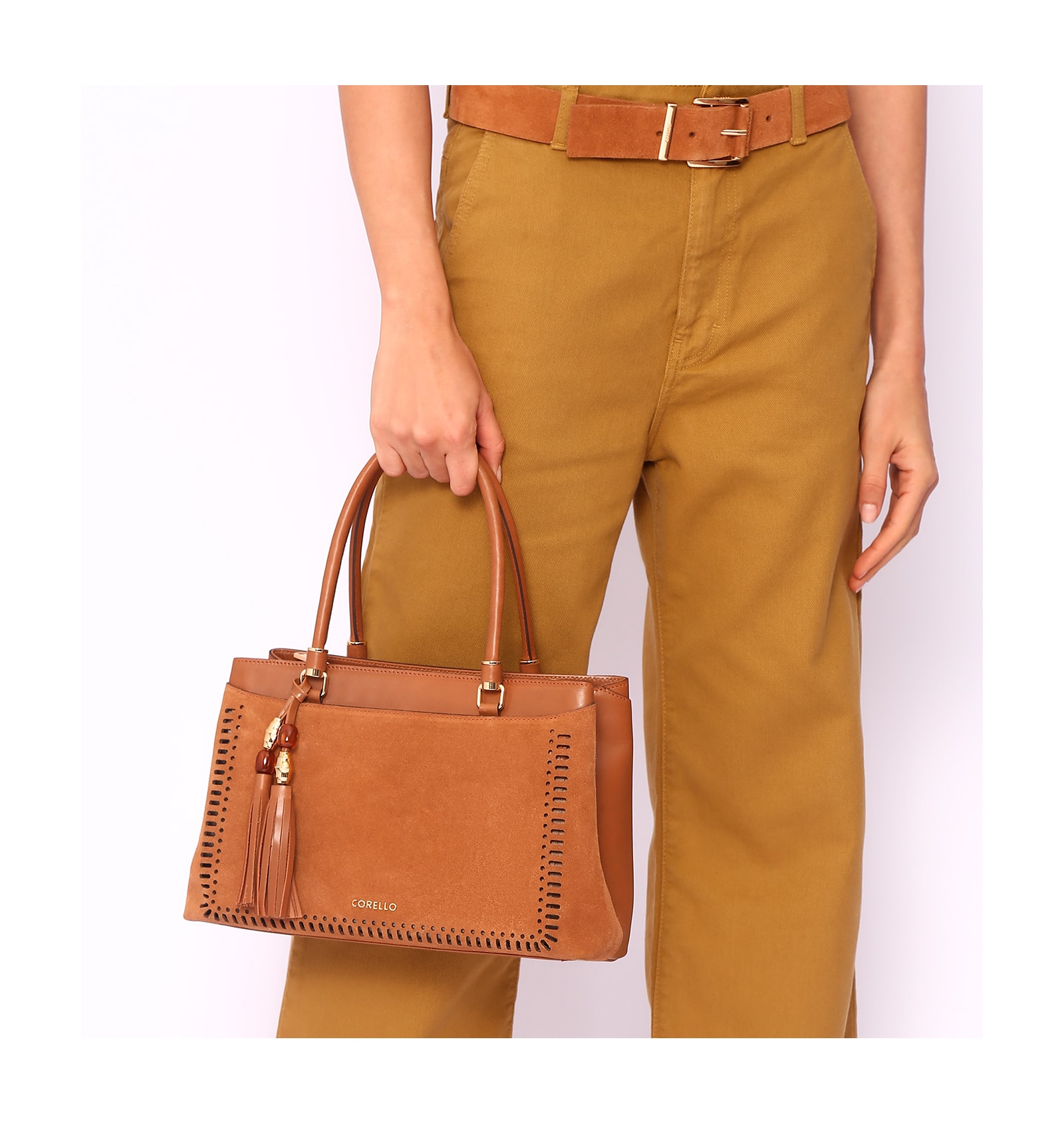 Bolsa Tote Laser Cut Couro Camurça/Couro Marrom Claro