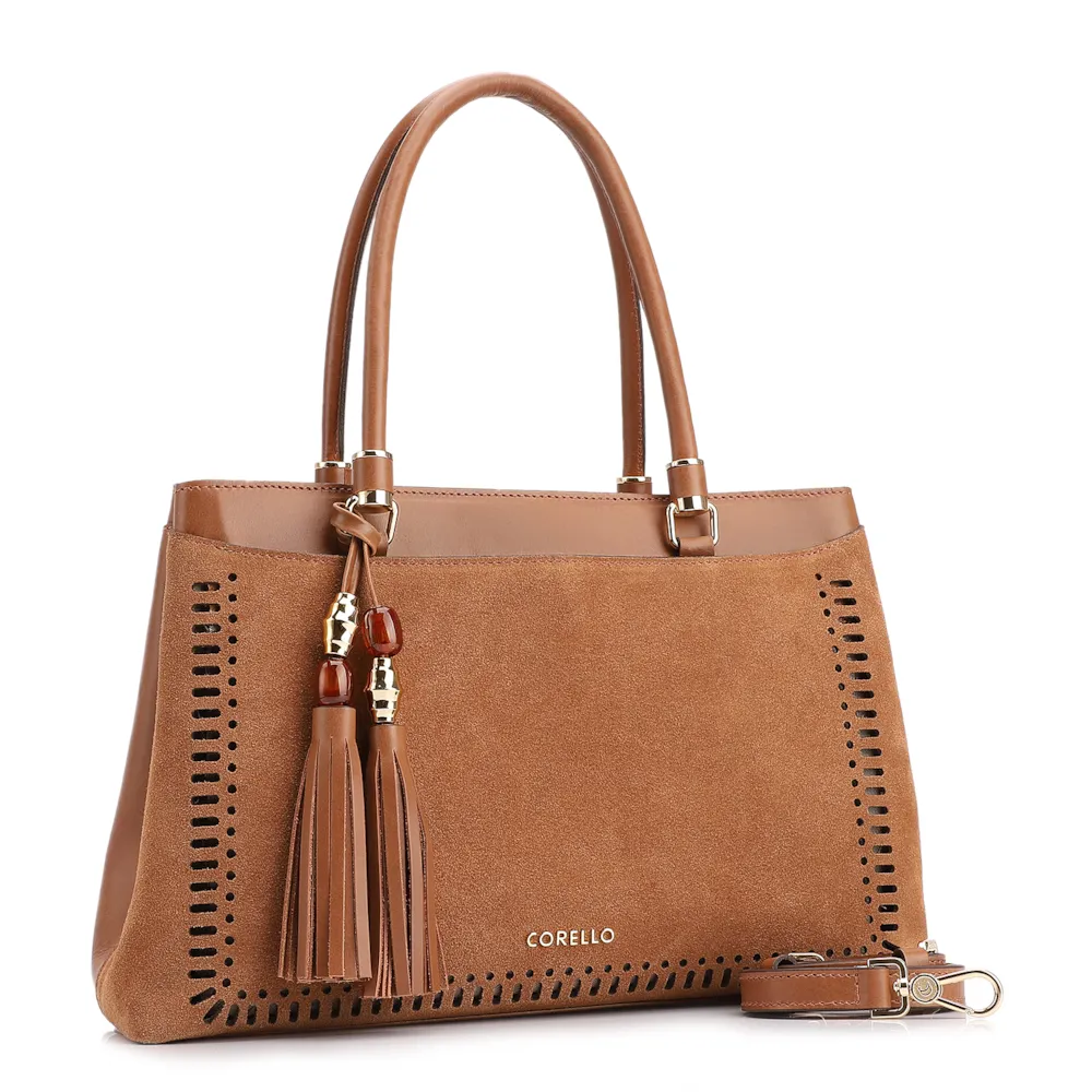 Bolsa Tote Laser Cut Couro Camurça/Couro Marrom Claro - imagem 3