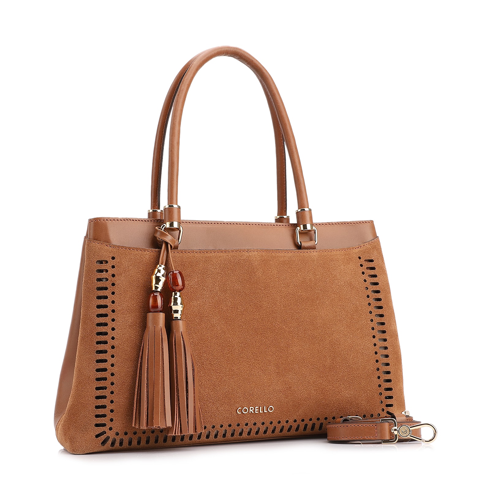 Bolsa Tote Laser Cut Couro Camurça/Couro Marrom Claro