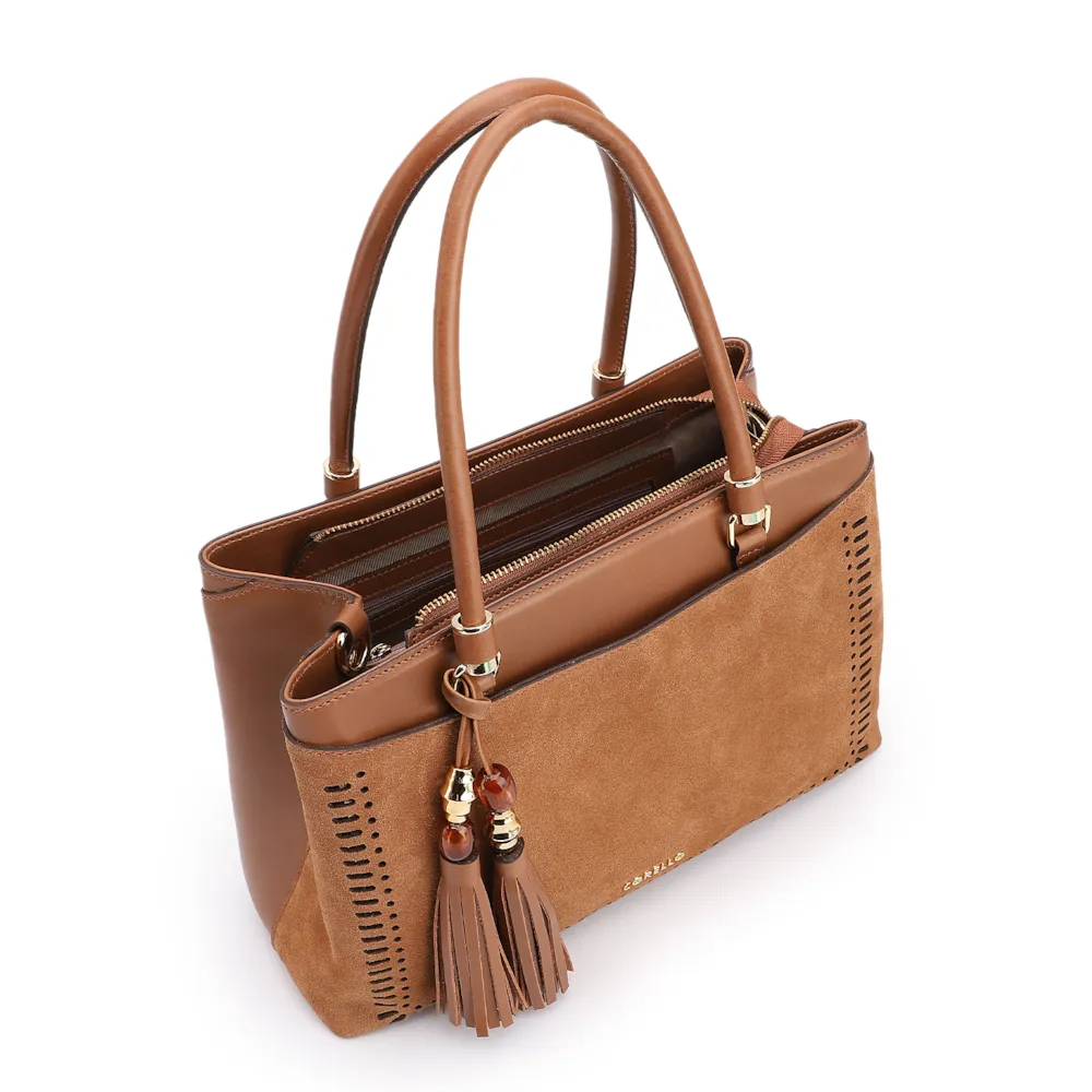 Bolsa Tote Laser Cut Couro Camurça/Couro Marrom Claro - imagem 5