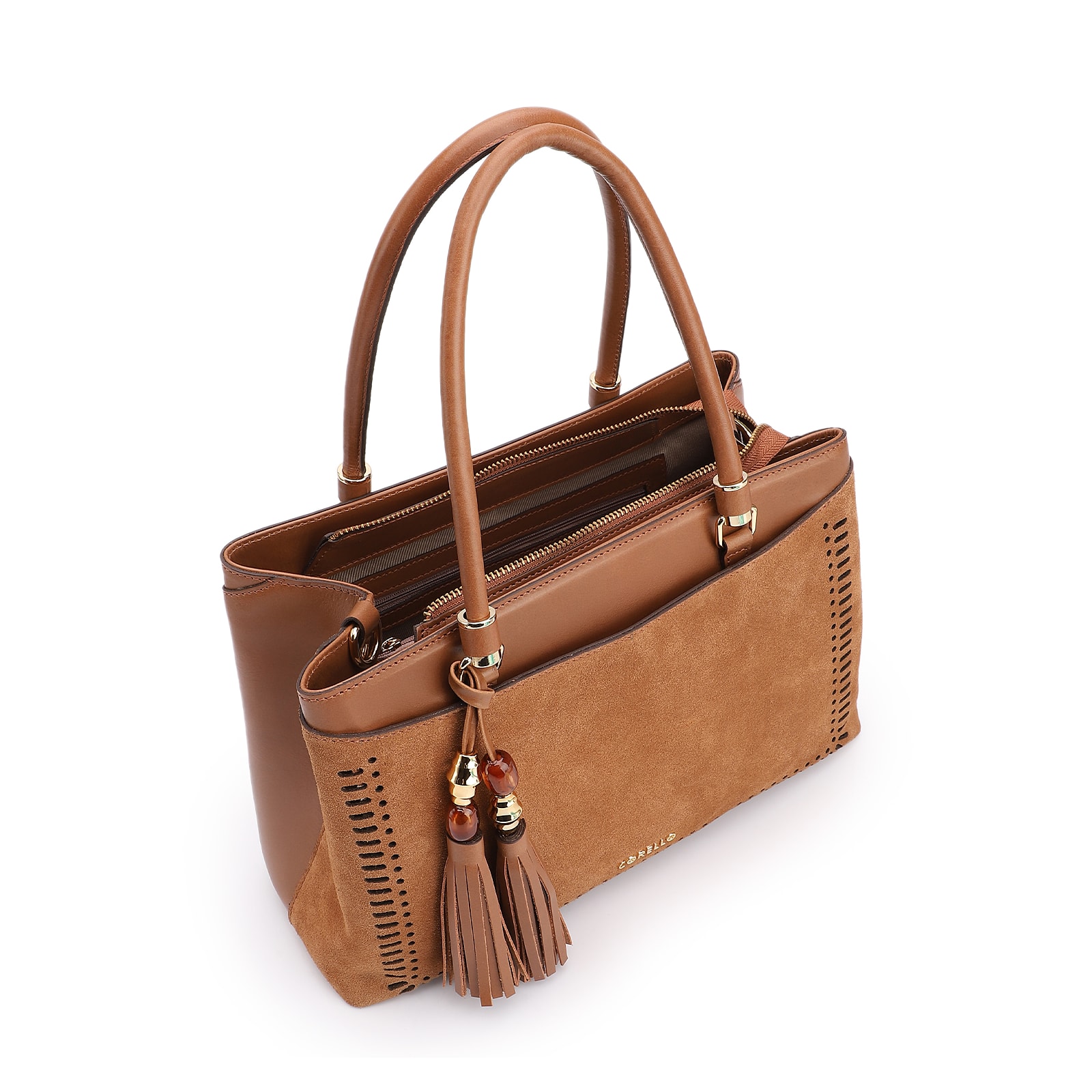 Bolsa Tote Laser Cut Couro Camurça/Couro Marrom Claro