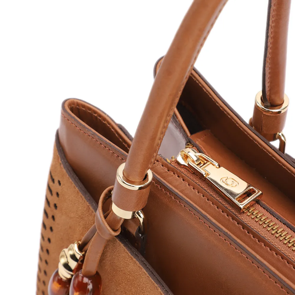 Bolsa Tote Laser Cut Couro Camurça/Couro Marrom Claro - imagem 6