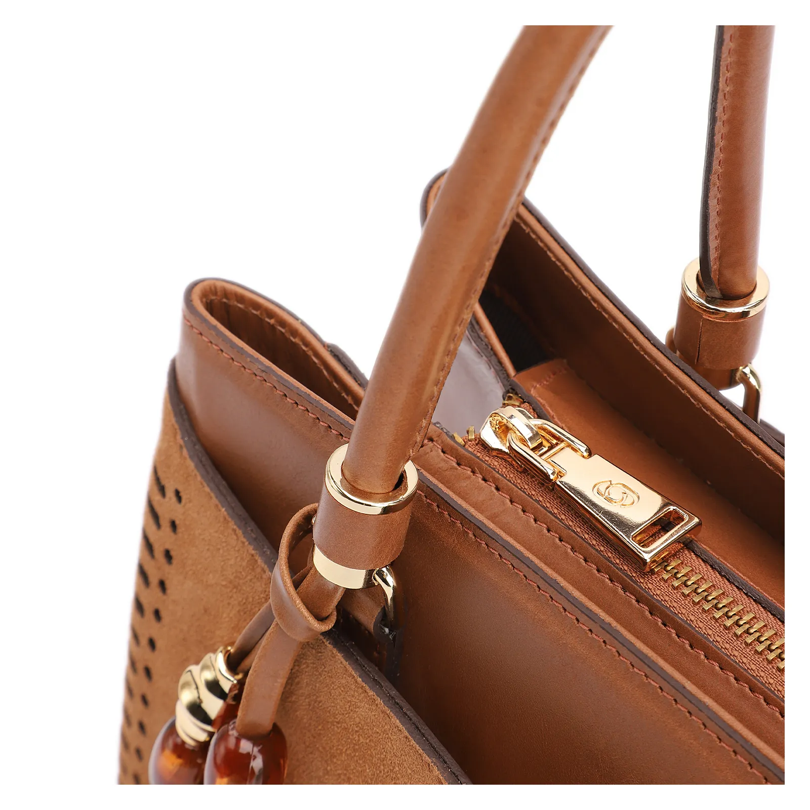 Bolsa Tote Laser Cut Couro Camurça/Couro Marrom Claro