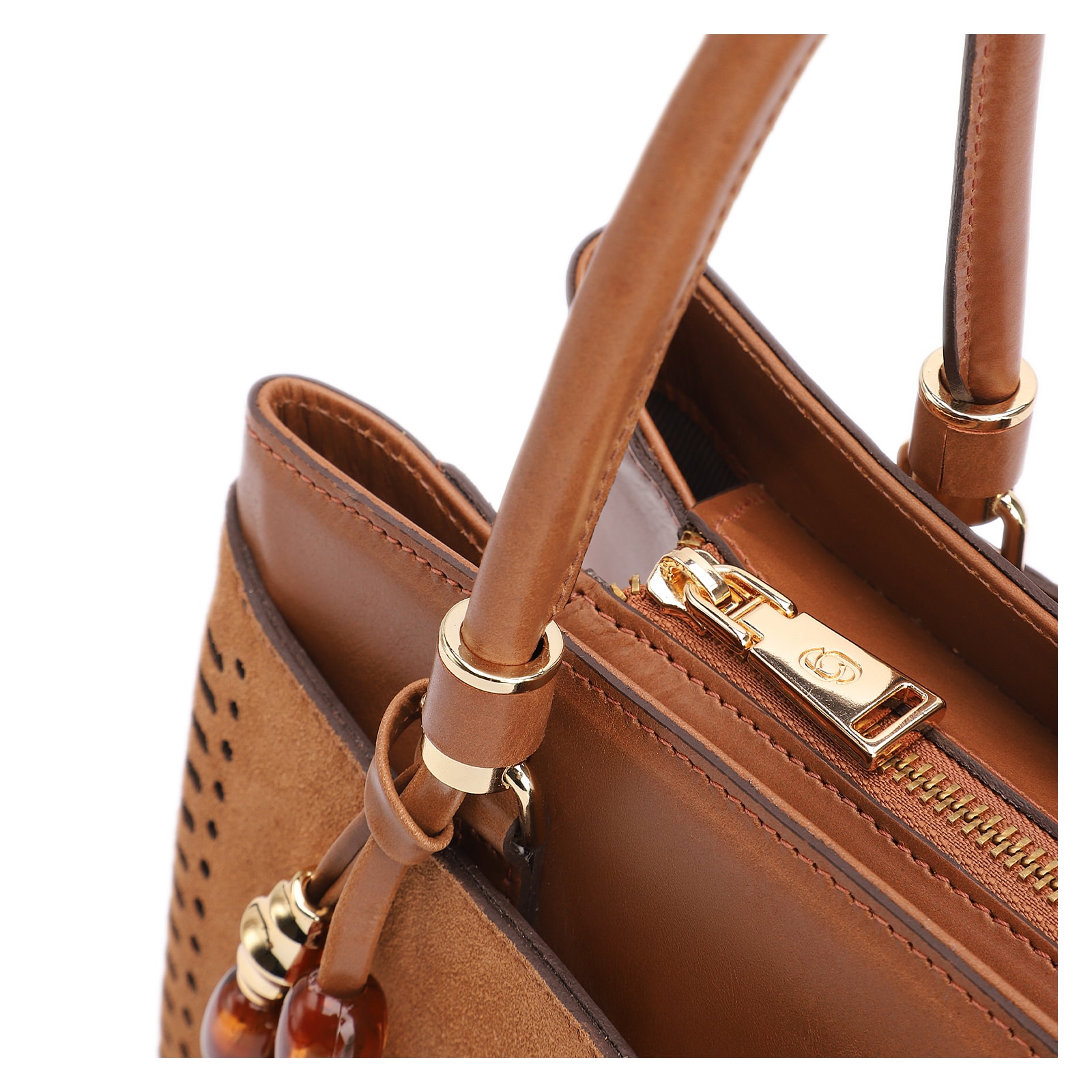Bolsa Tote Laser Cut Couro Camurça/Couro Marrom Claro