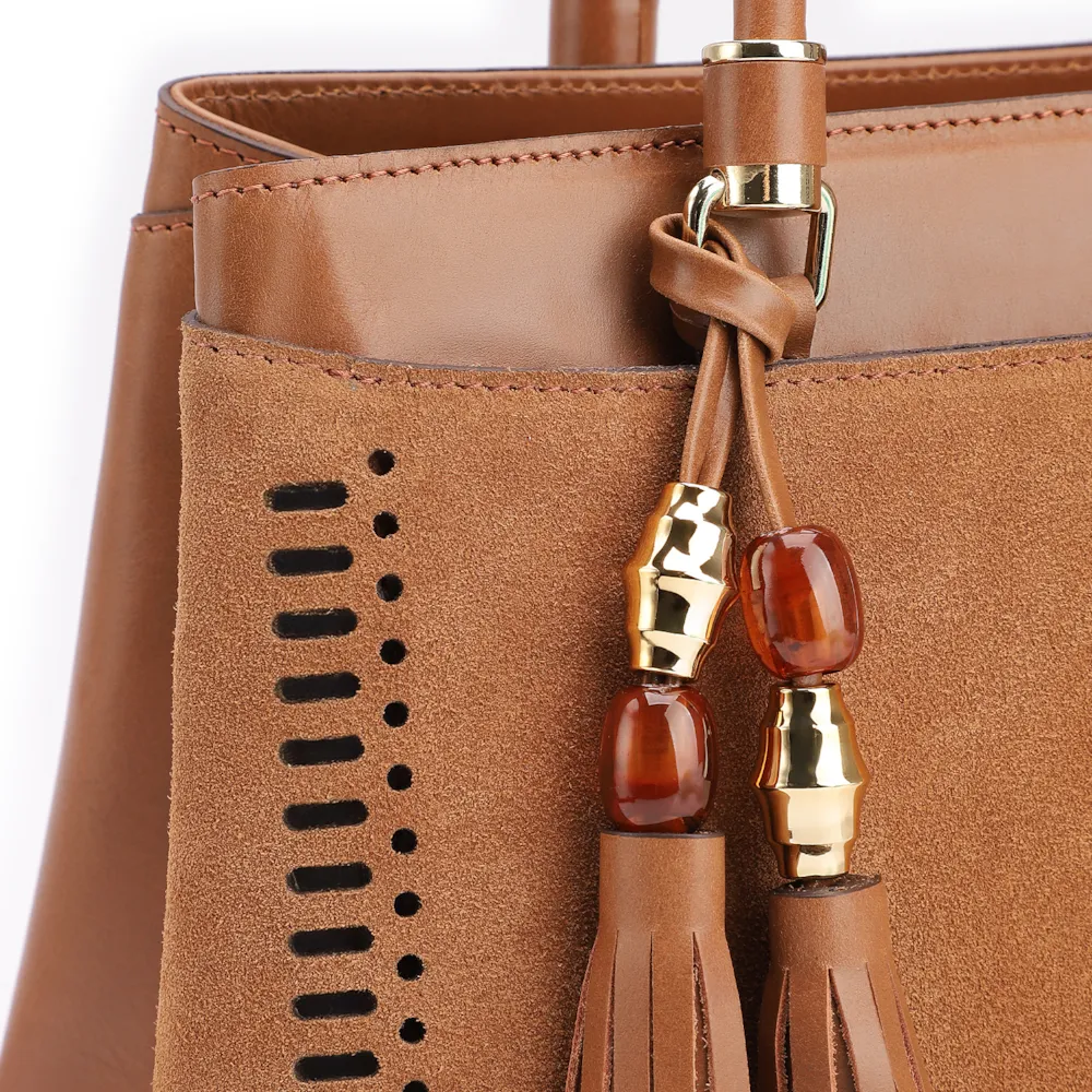 Bolsa Tote Laser Cut Couro Camurça/Couro Marrom Claro - imagem 8