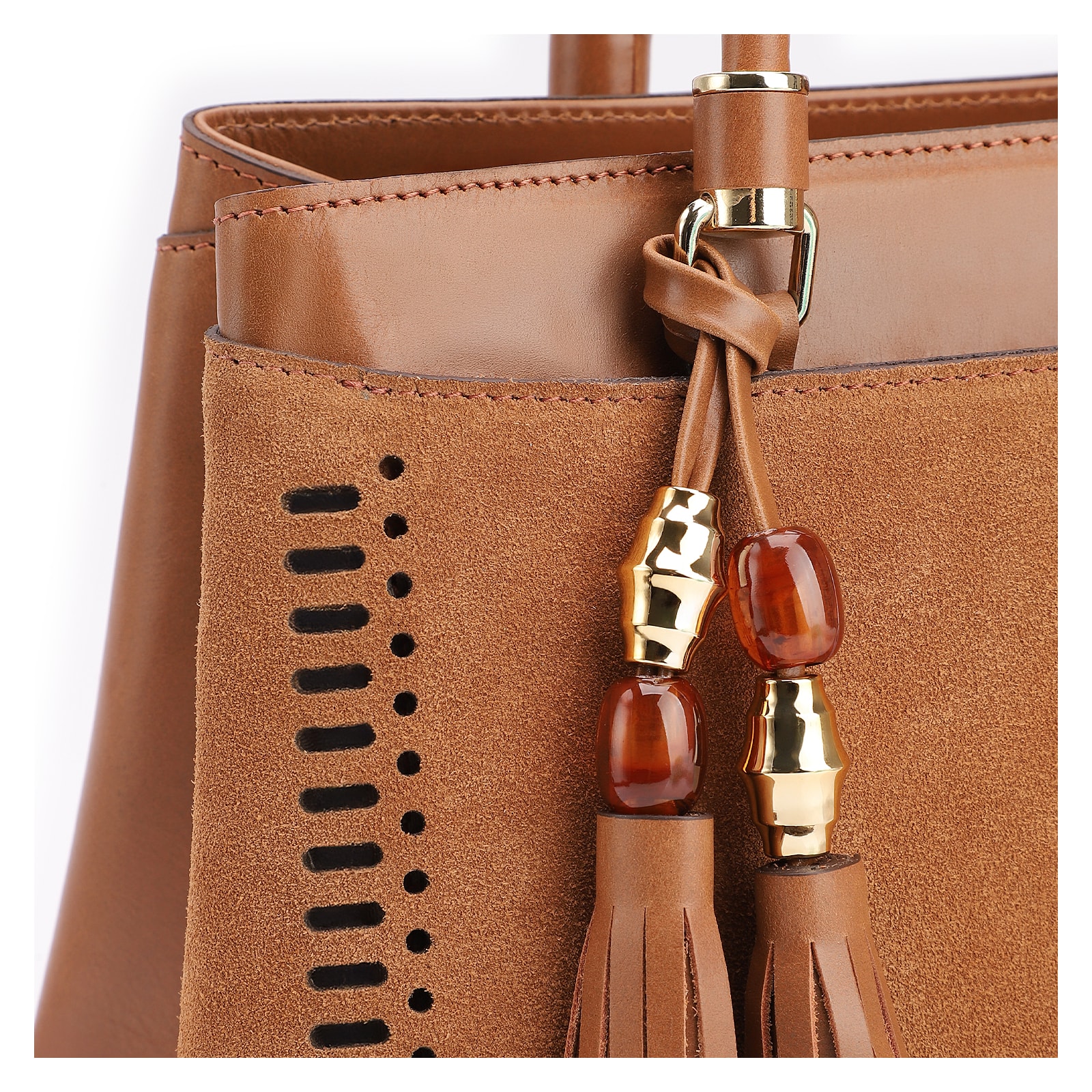 Bolsa Tote Laser Cut Couro Camurça/Couro Marrom Claro