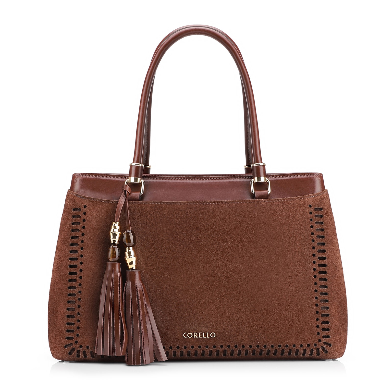 Bolsa Tote Laser Cut Couro Camurça/Couro Marrom Escuro