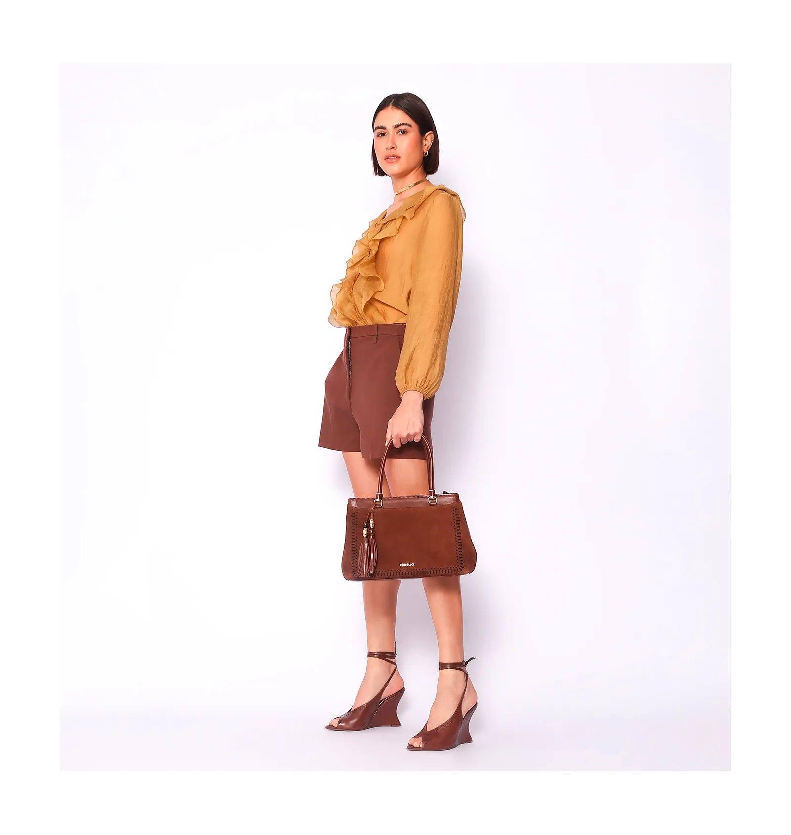 Bolsa Tote Laser Cut Couro Camurça/Couro Marrom Escuro