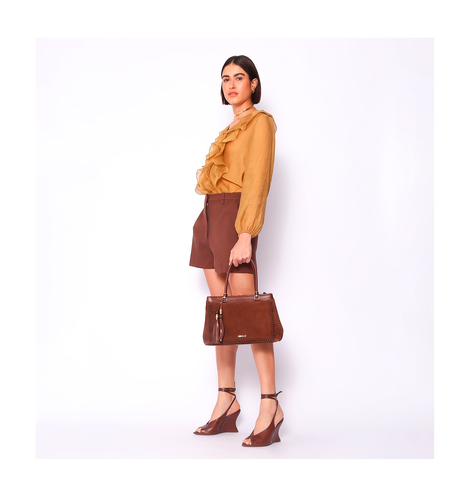 Bolsa Tote Laser Cut Couro Camurça/Couro Marrom Escuro
