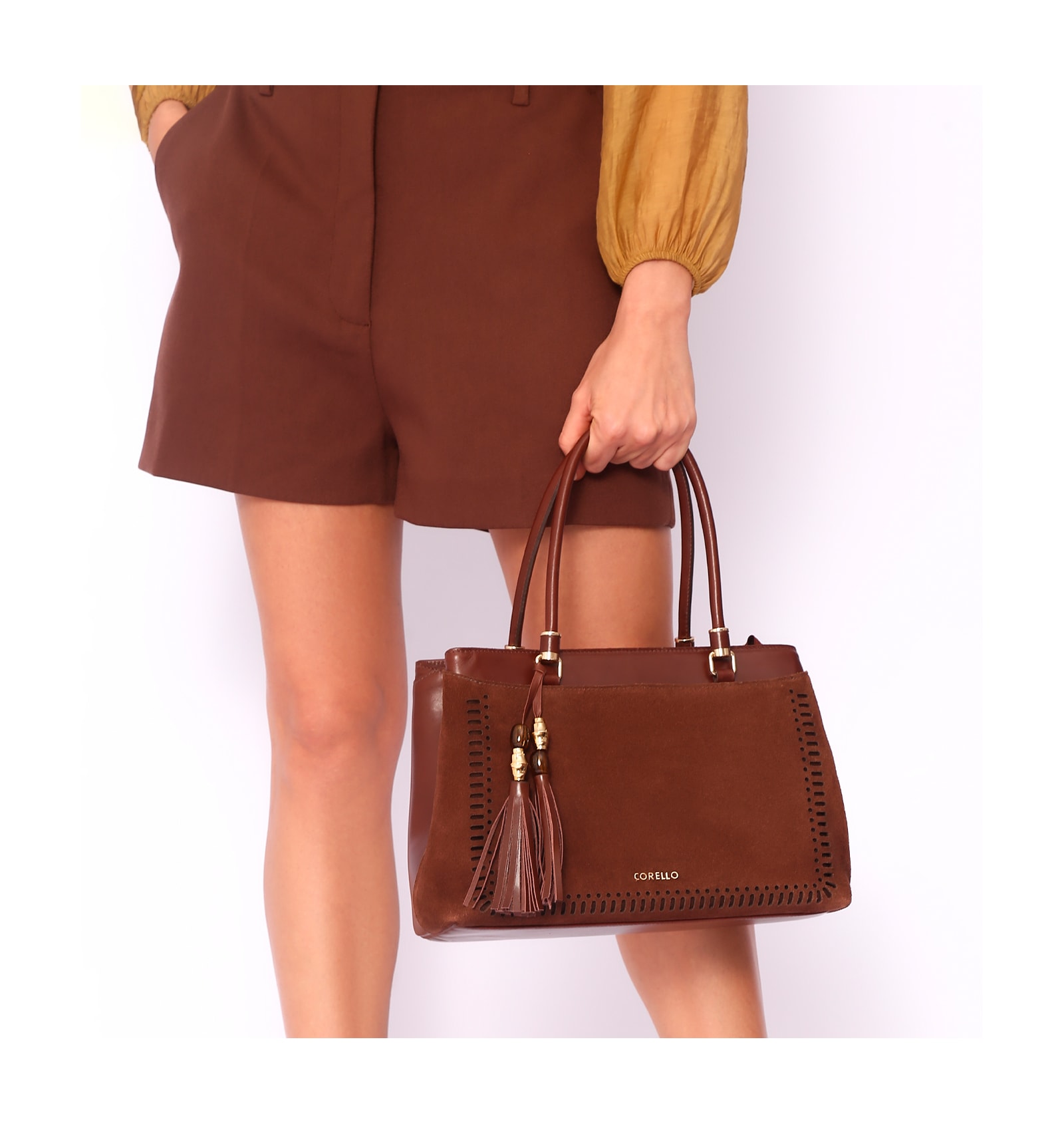 Bolsa Tote Laser Cut Couro Camurça/Couro Marrom Escuro
