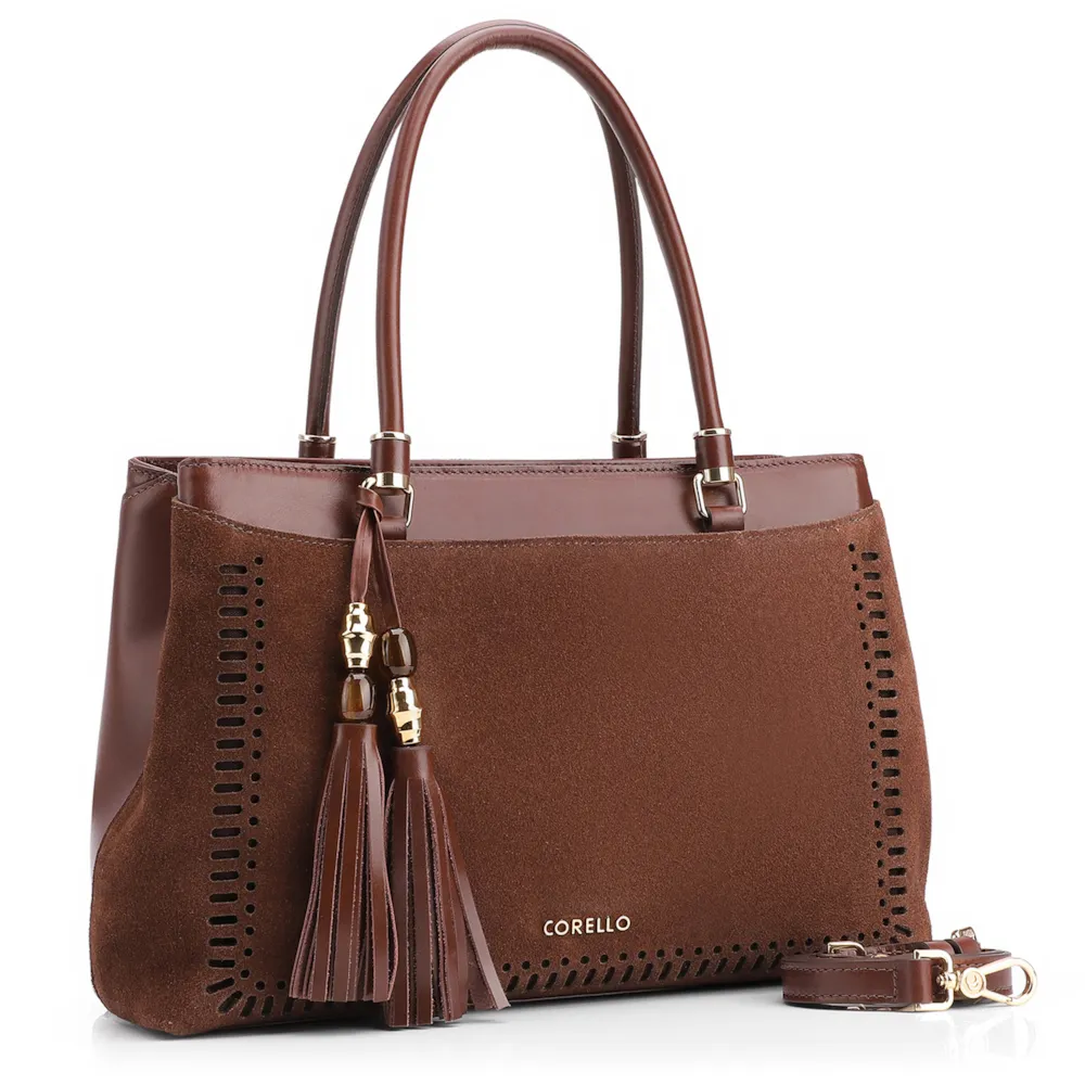 Bolsa Tote Laser Cut Couro Camurça/Couro Marrom Escuro - imagem 3