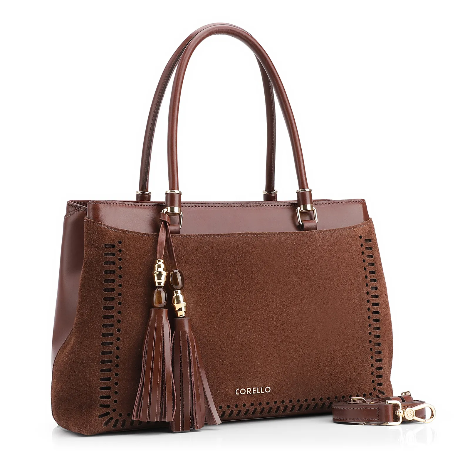 Bolsa Tote Laser Cut Couro Camurça/Couro Marrom Escuro