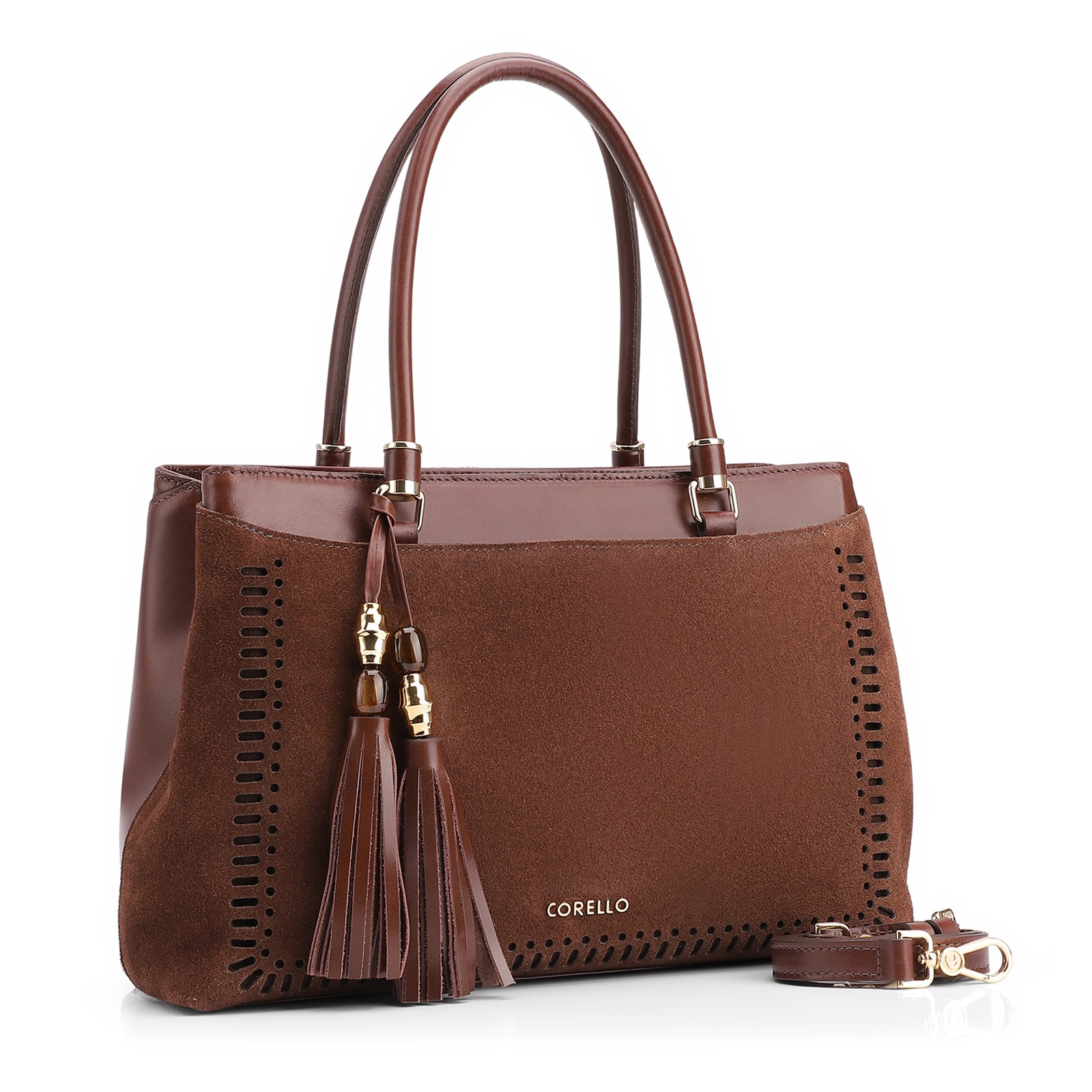 Bolsa Tote Laser Cut Couro Camurça/Couro Marrom Escuro