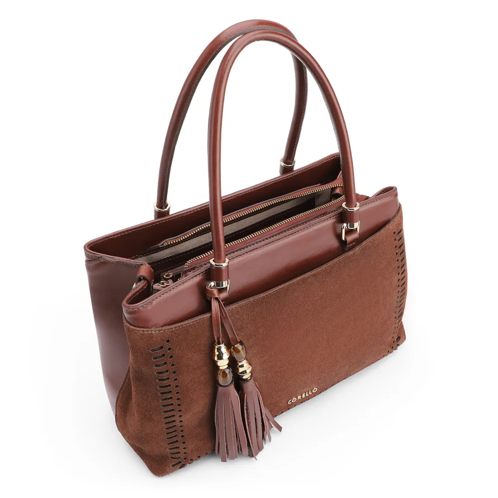 Bolsa Tote Laser Cut Couro Camurça/Couro Marrom Escuro - imagem 5