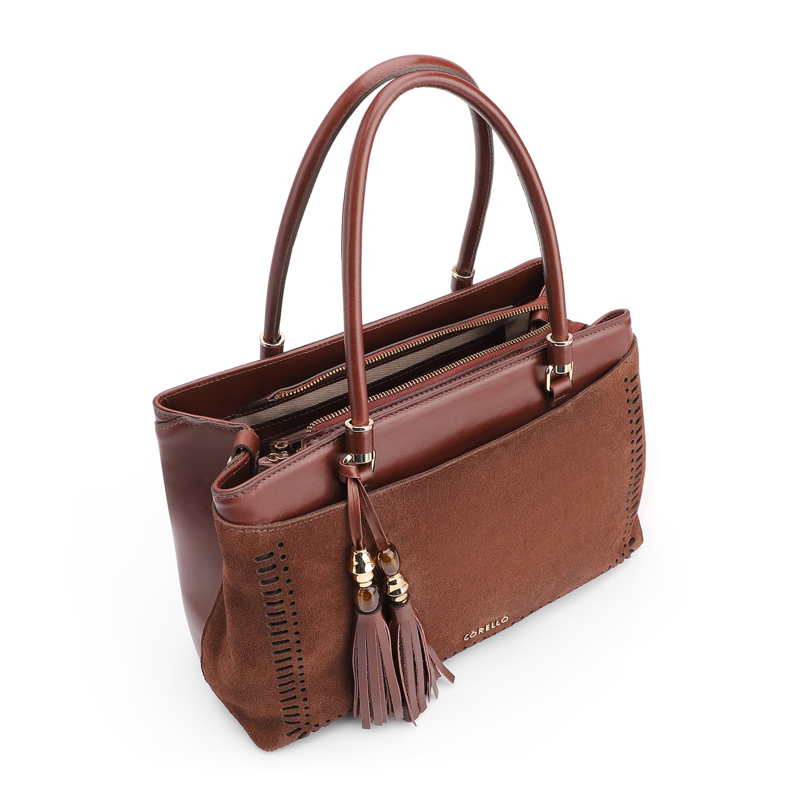 Bolsa Tote Laser Cut Couro Camurça/Couro Marrom Escuro