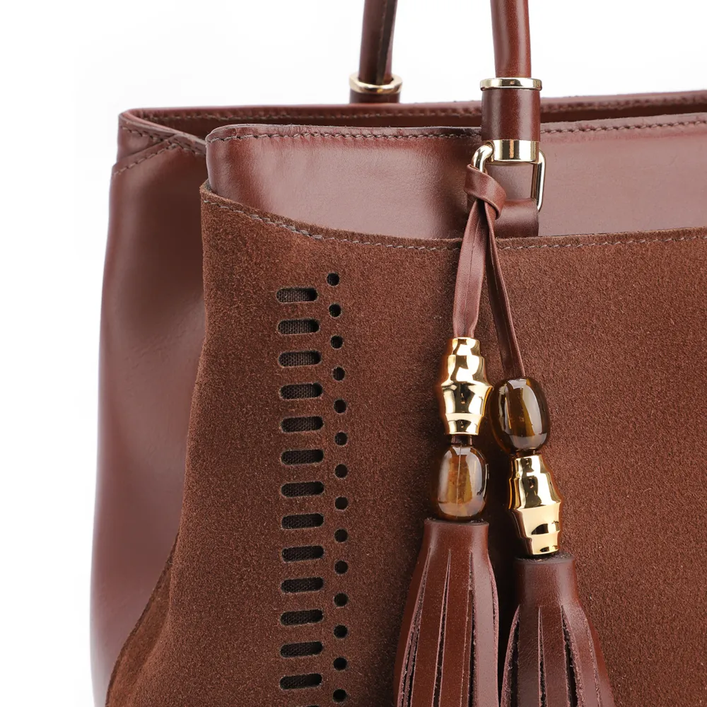 Bolsa Tote Laser Cut Couro Camurça/Couro Marrom Escuro - imagem 8