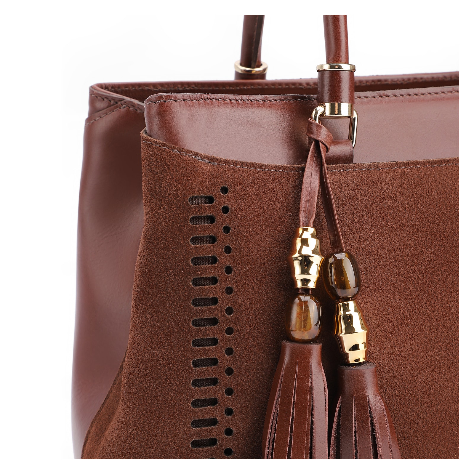 Bolsa Tote Laser Cut Couro Camurça/Couro Marrom Escuro