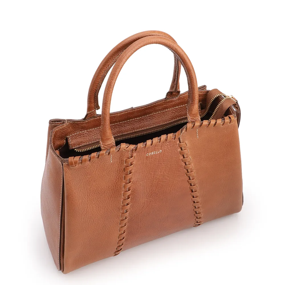 Bolsa Tote Média Couro Antique Marrom Claro Contorno Tresse - imagem 4