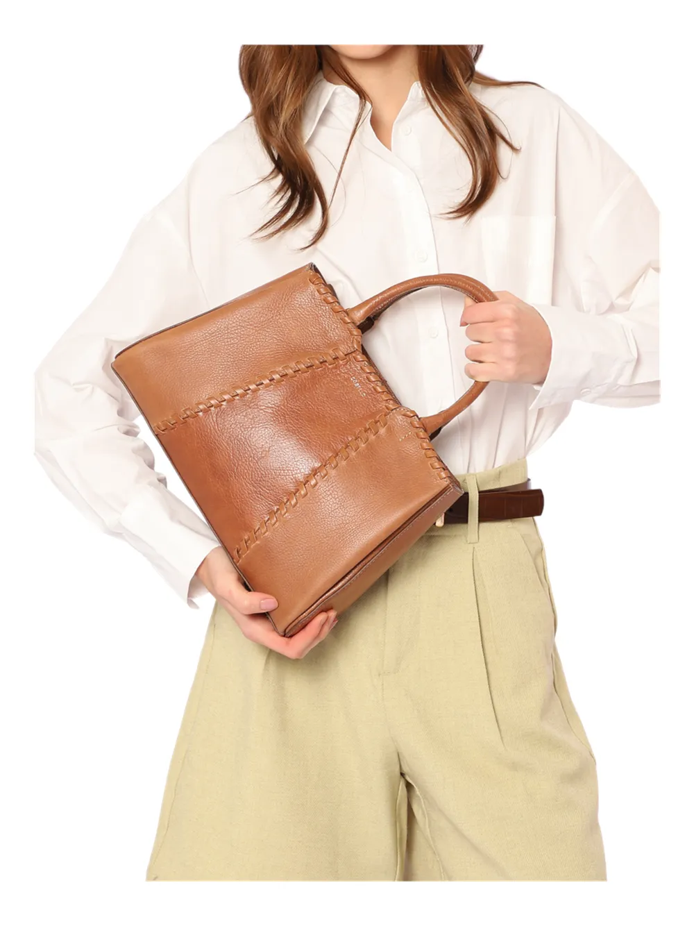 Bolsa Tote Média Couro Antique Marrom Claro Contorno Tresse - imagem 2