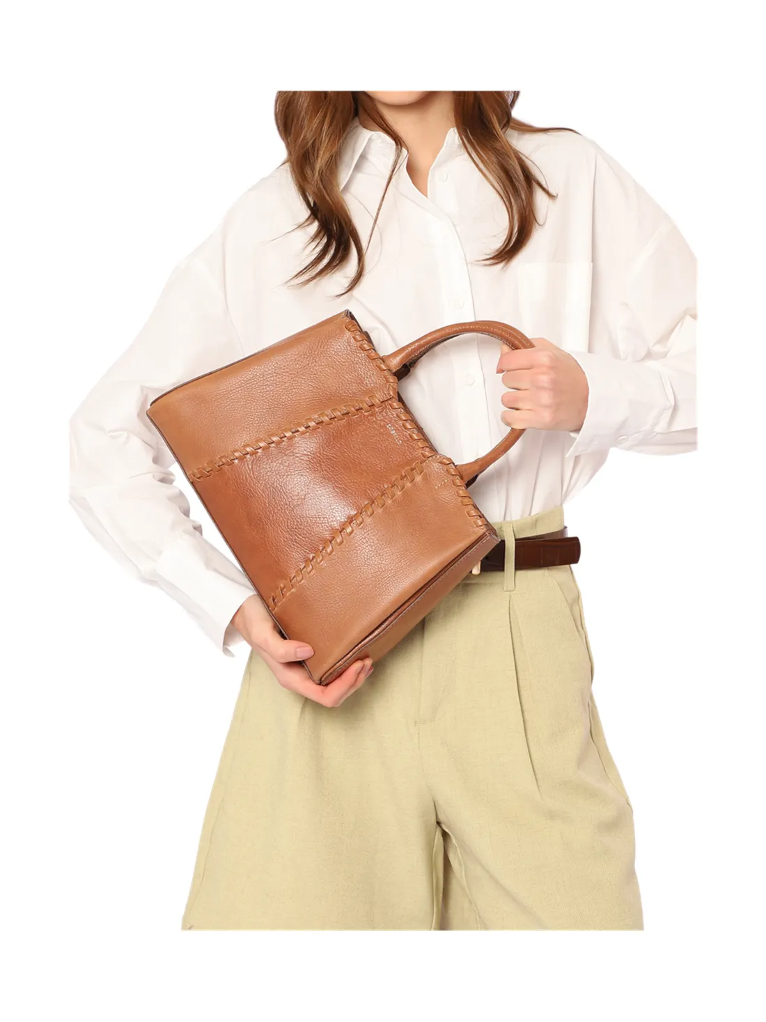 Bolsa Tote Média Couro Antique Marrom Claro Contorno Tresse - foto 2