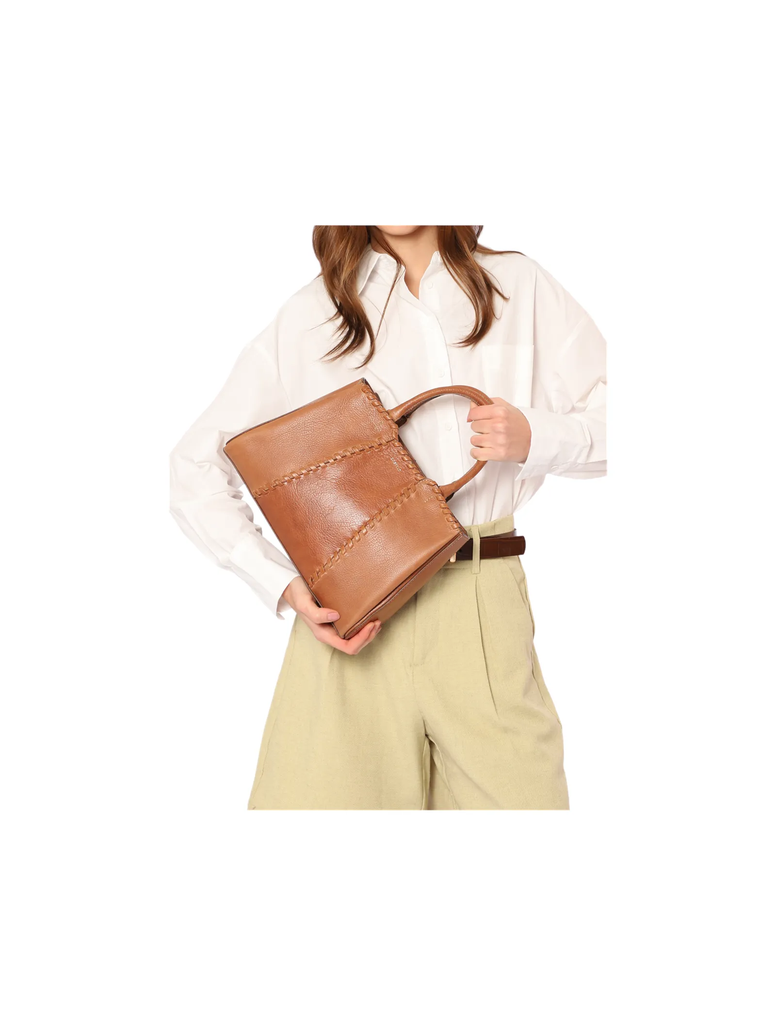 Bolsa Tote Média Couro Antique Marrom Claro Contorno Tresse