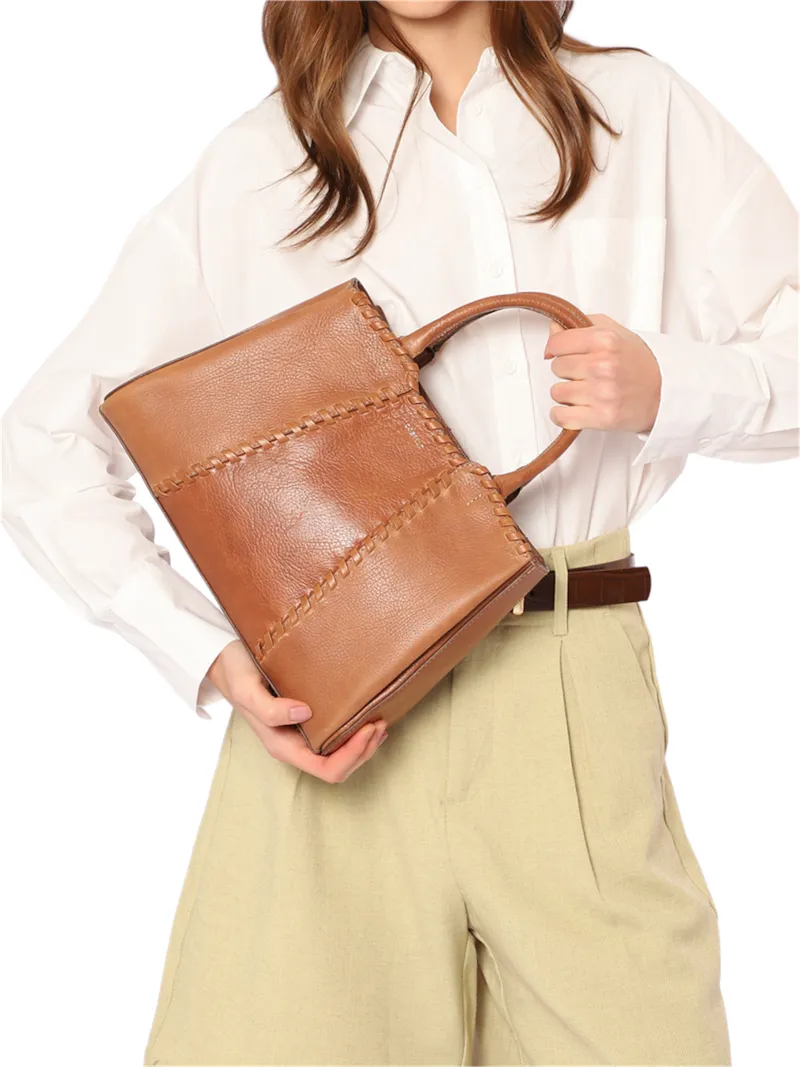 Bolsa Tote Média Couro Antique Marrom Claro Contorno Tresse - foto 2