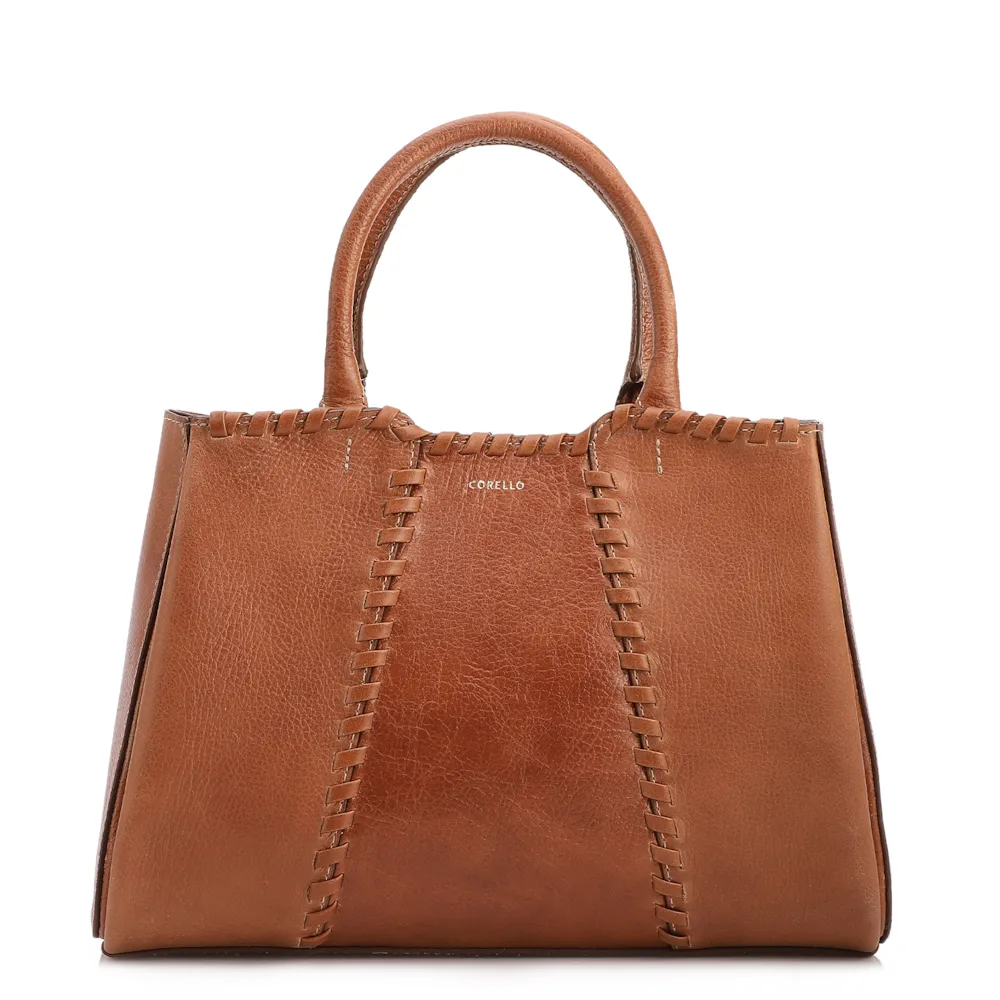 Bolsa Tote Média Couro Antique Marrom Claro Contorno Tresse