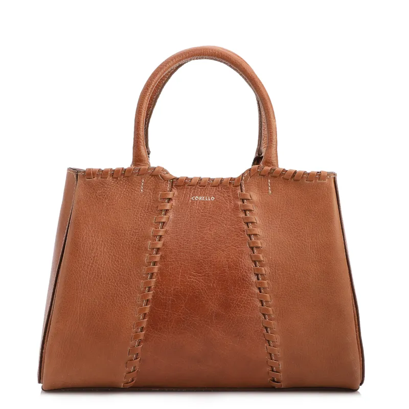 Bolsa Tote Média Couro Antique Marrom Claro Contorno Tresse