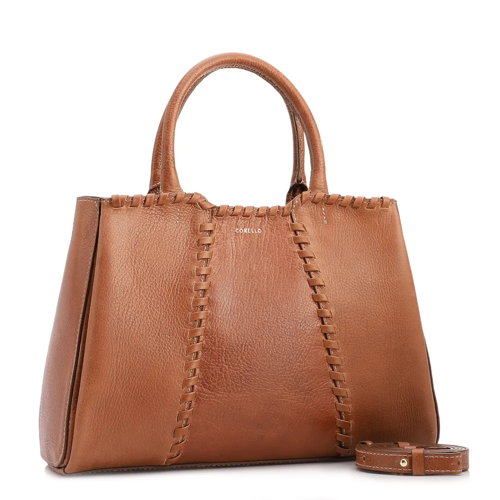 Bolsa Tote Média Couro Antique Marrom Claro Contorno Tresse - imagem 2