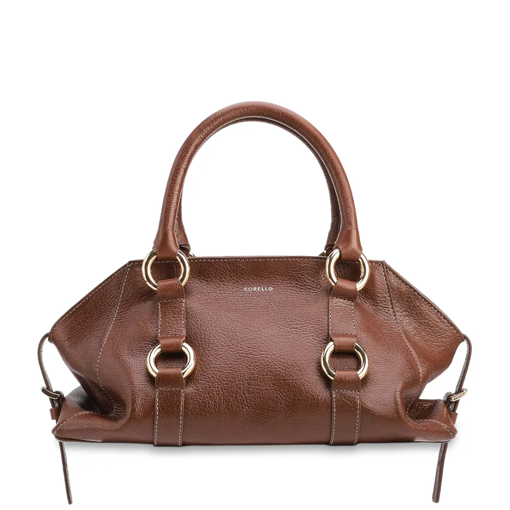 Bolsa Tote Média Couro Antique Marrom Escuro Argolas Douradas